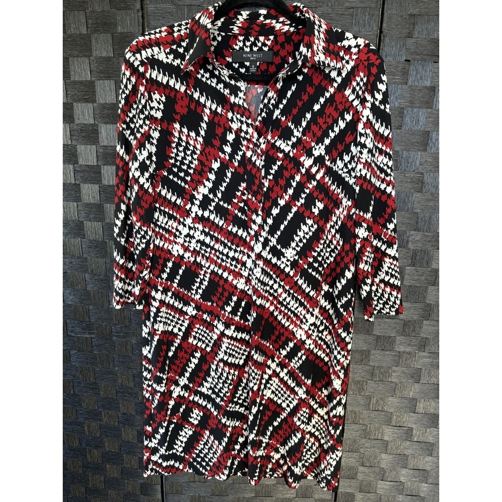 Nine West Womens Dress Size 6 Black Red White V-Neck Collared Stretchy
